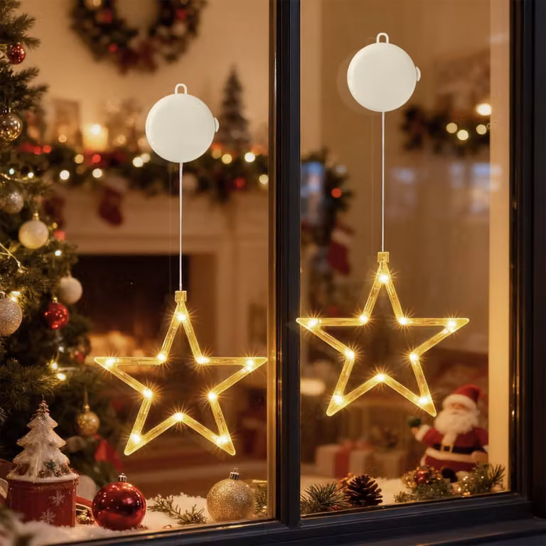 Tende luminose a forma di stella a LED, set da 2, 10 LED, luce bianco caldo, timer, ventose adesive
