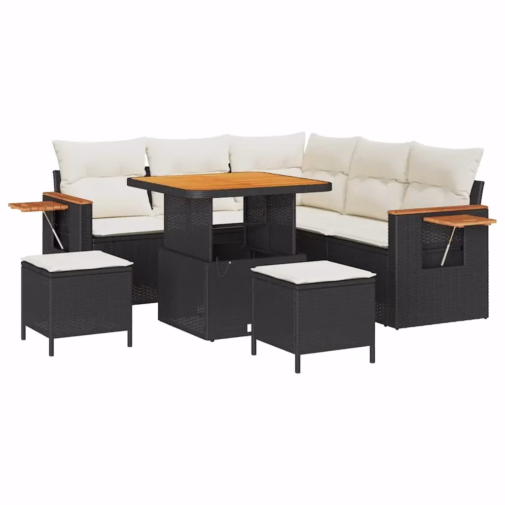 vidaXL Set Divano da Giardino a L 8 posti con Tavolino e Pouf Nero e Beige – 2