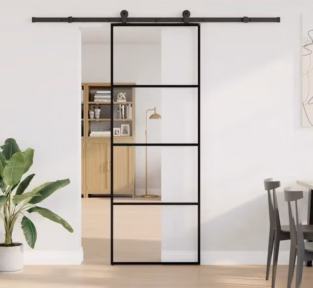 Porta Scorrevole Moderna vidaXL in Vetro e Alluminio Nero L: 76 cm, H: 205 cm