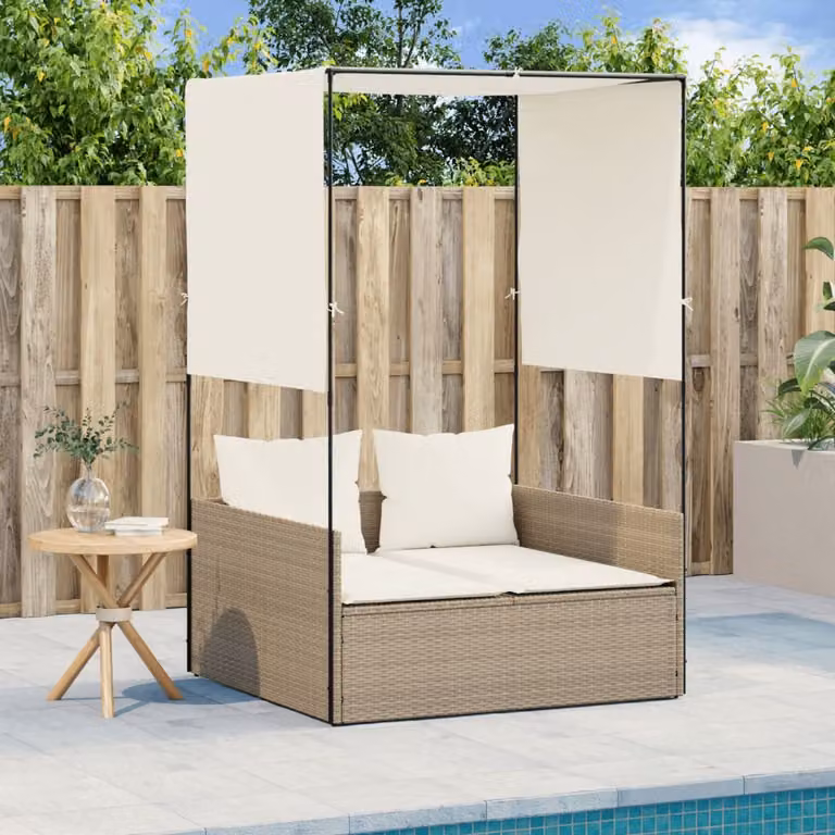 Lettino prendisole vidaXL in polyrattan beige con tetto e tende in tessuto resistente ai raggi UV