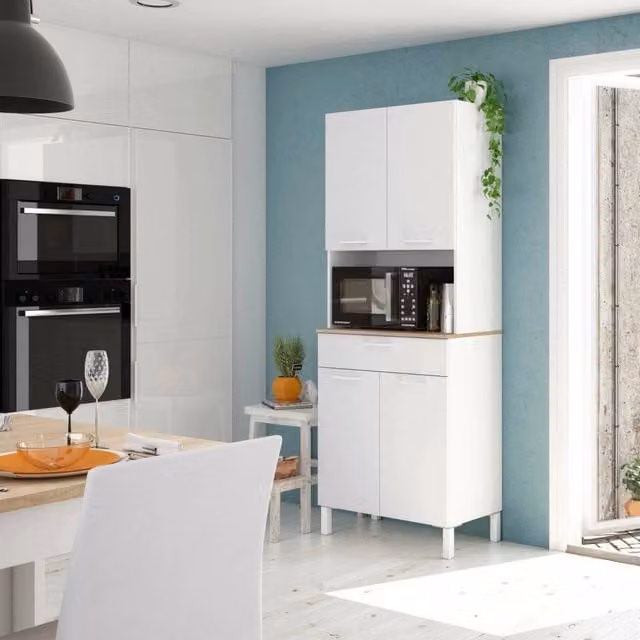 Credenza Dicentra DMORA, mobile ausiliario per cucina o bagno con 4 ante, 1 cassetto e ripiani interni, Bianco e Rovere, L: 72 cm, P: 40 cm, H: 186 cm
