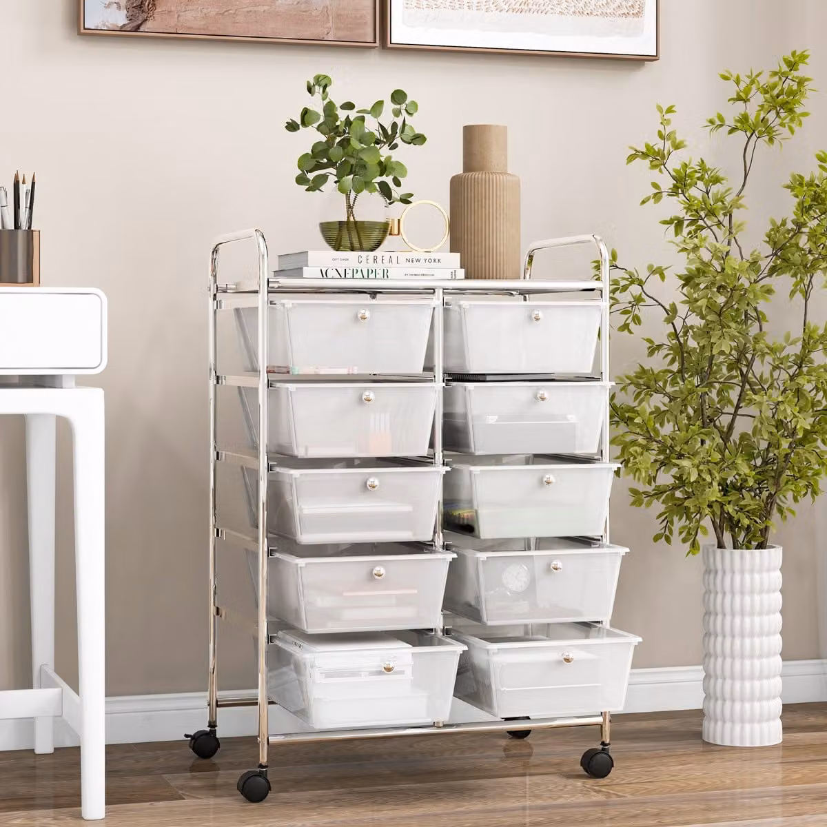 Carrello organizzatore multiuso Costway con 10 cassetti trasparenti e ruote per ufficio e scrapbooking