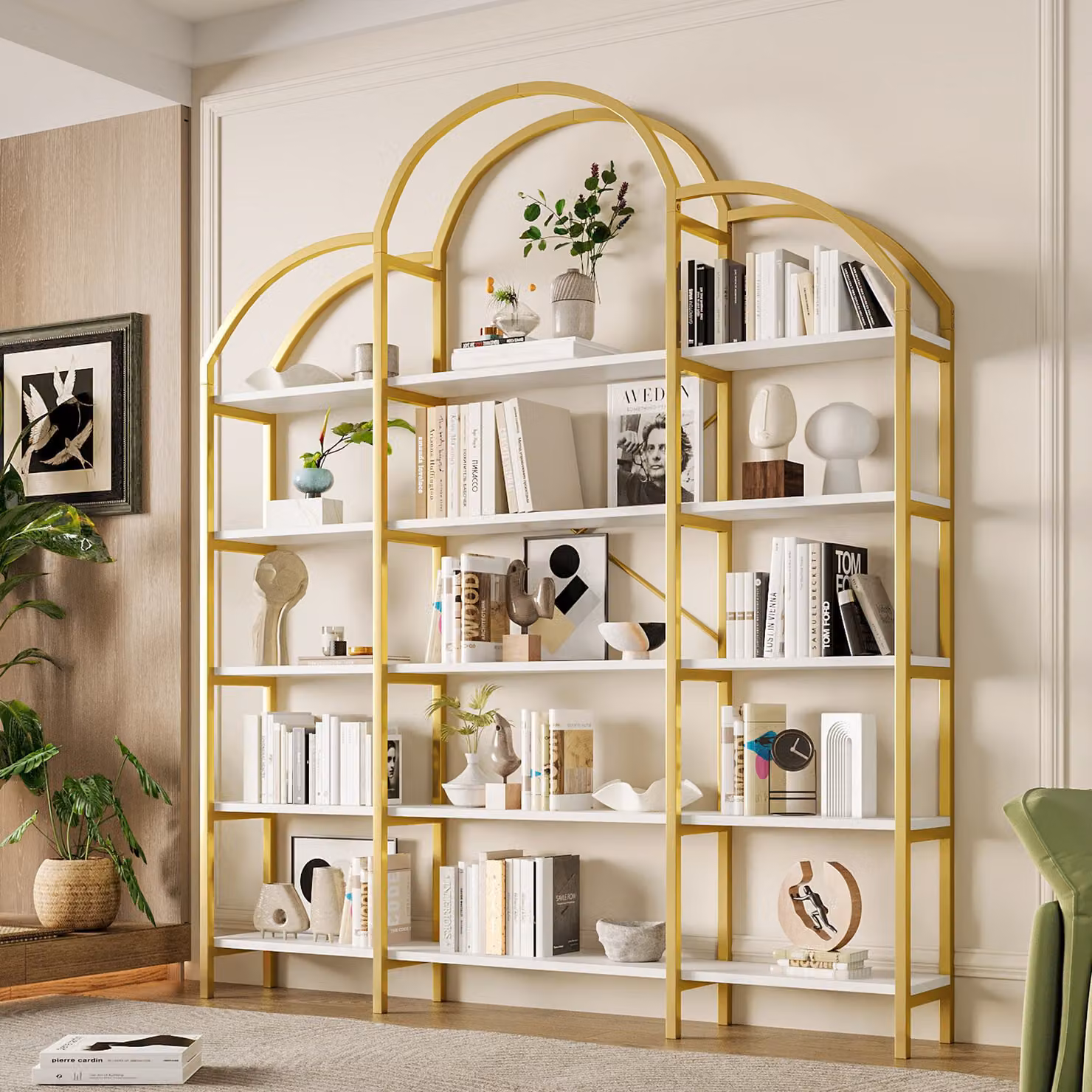 Scaffale moderno NK Space a cinque livelli con design a nuvola, Oro e Bianco, L: 170 cm, P: 26 cm, H: 190 cm – 2