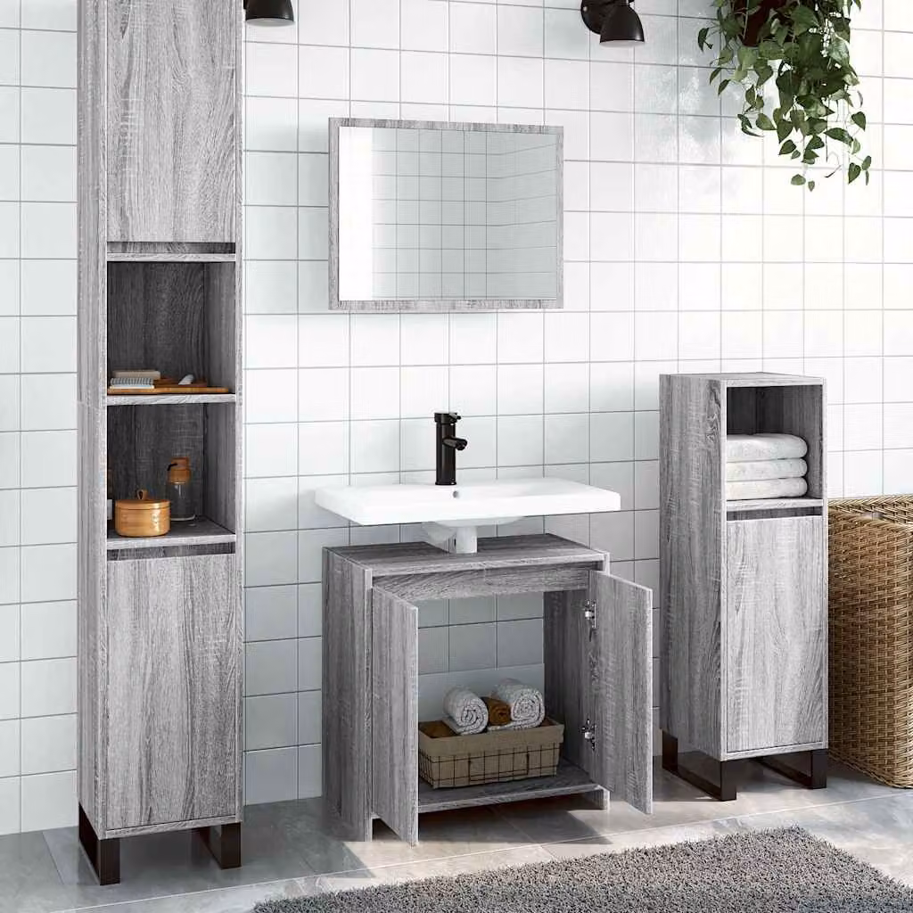Set di mobili da bagno vidaXL composto da mobile lavabo e armadietto con specchio, colore grigio, in legno multistrato, montaggio a parete