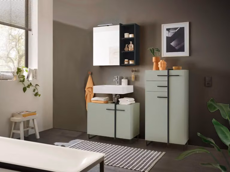Mobili per il bagno MESSINA mobile a cassettoni verde canna, credenza, specchiera, Wbu, set 3