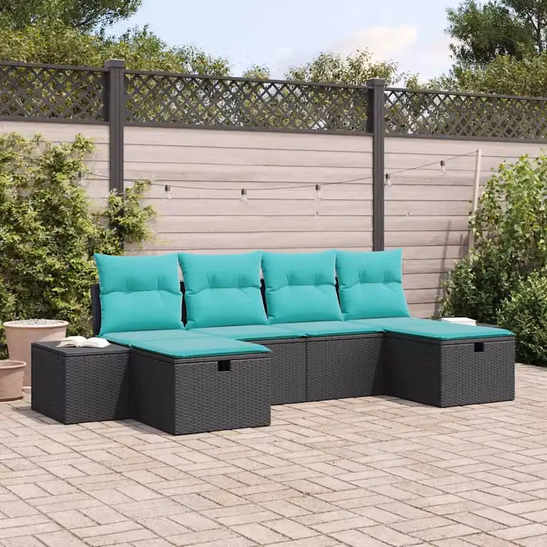 Set Divano da Giardino a L vidaXL 6 pz con Cuscini, Struttura in Metallo e Polyrattan, Nero e Turchese