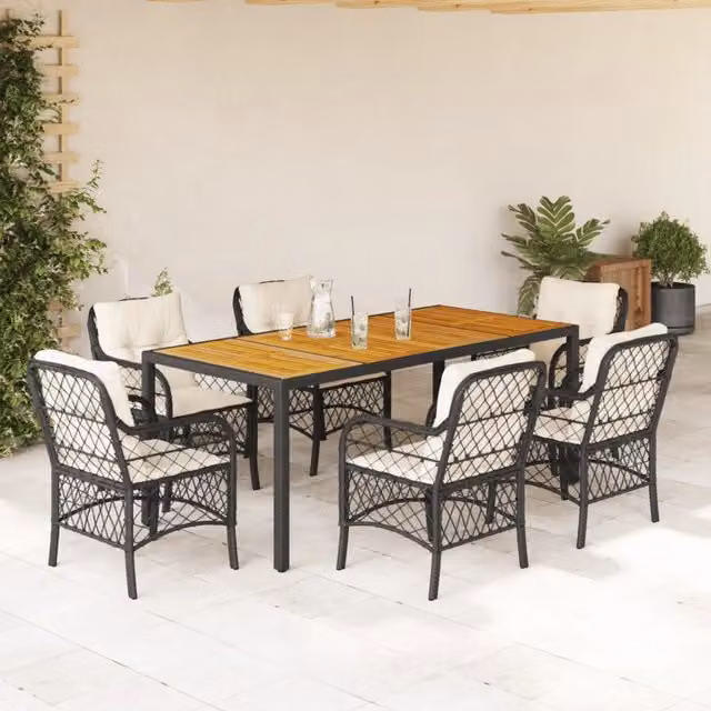 Set da Pranzo da Giardino 7 pz Nero con Cuscini in Polyrattan 3212040