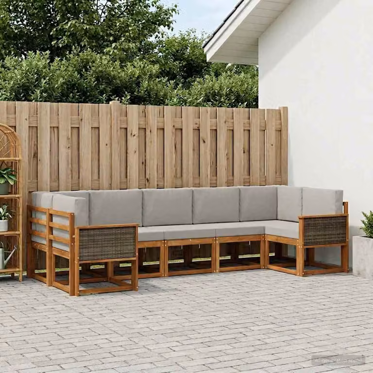 vidaXL Set di divani da esterno a L composto da 7 pezzi in legno di acacia con cuscini, colore marrone e grigio chiaro