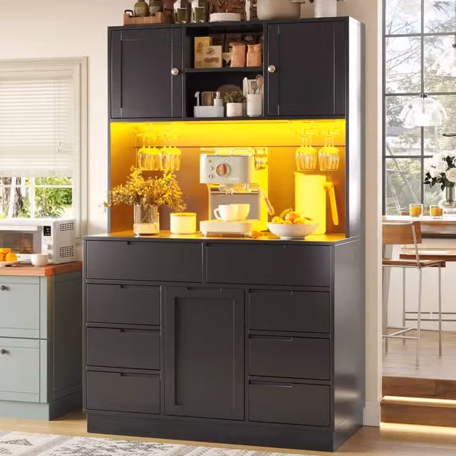 Mobile colonna da cucina MIVRAY nera con 8 cassetti, ripiani regolabili e illuminazione LED controllabile tramite app, in MDF e metallo, L/P/H: 120 x 40 x 183.5 cm