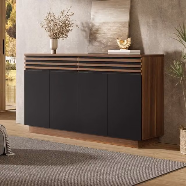 Sideboard moderno 150x40x85 cm, finitura legno marrone con ante nere, 2 cassetti e 4 ante. Ampio spazio contenitore per soggiorno, sala da pranzo e cucina