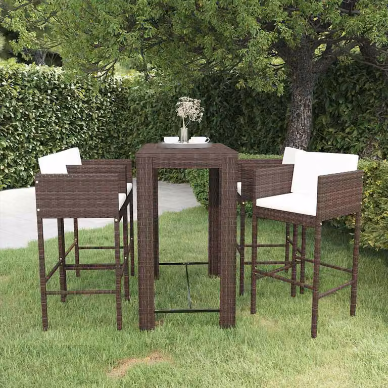 Set da Bar da Giardino vidaXL in Polyrattan Marrone e Bianco con 5 Pezzi e Cuscini