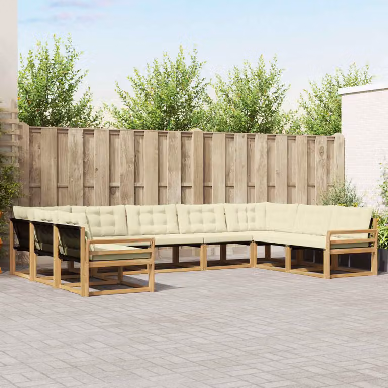 Set di divani da esterno vidaXL a forma di U composto da 9 pezzi in legno di acacia con cuscini bianchi e beige