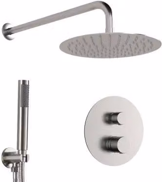 Set doccia completo Gemini con soffione da 30 cm e doccetta a mano, finitura acciaio spazzolato argento, installazione a incasso con colonna rigida