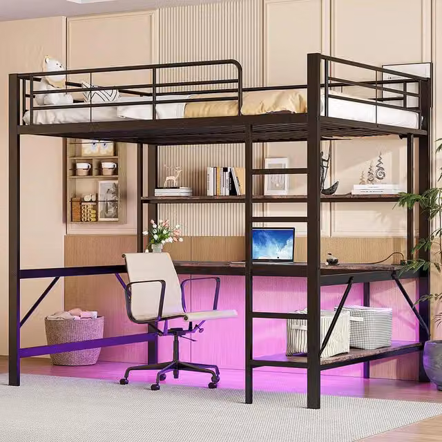Letto mezzanino 140x200cm - Xylo - nero, USB, scaffale a livelli