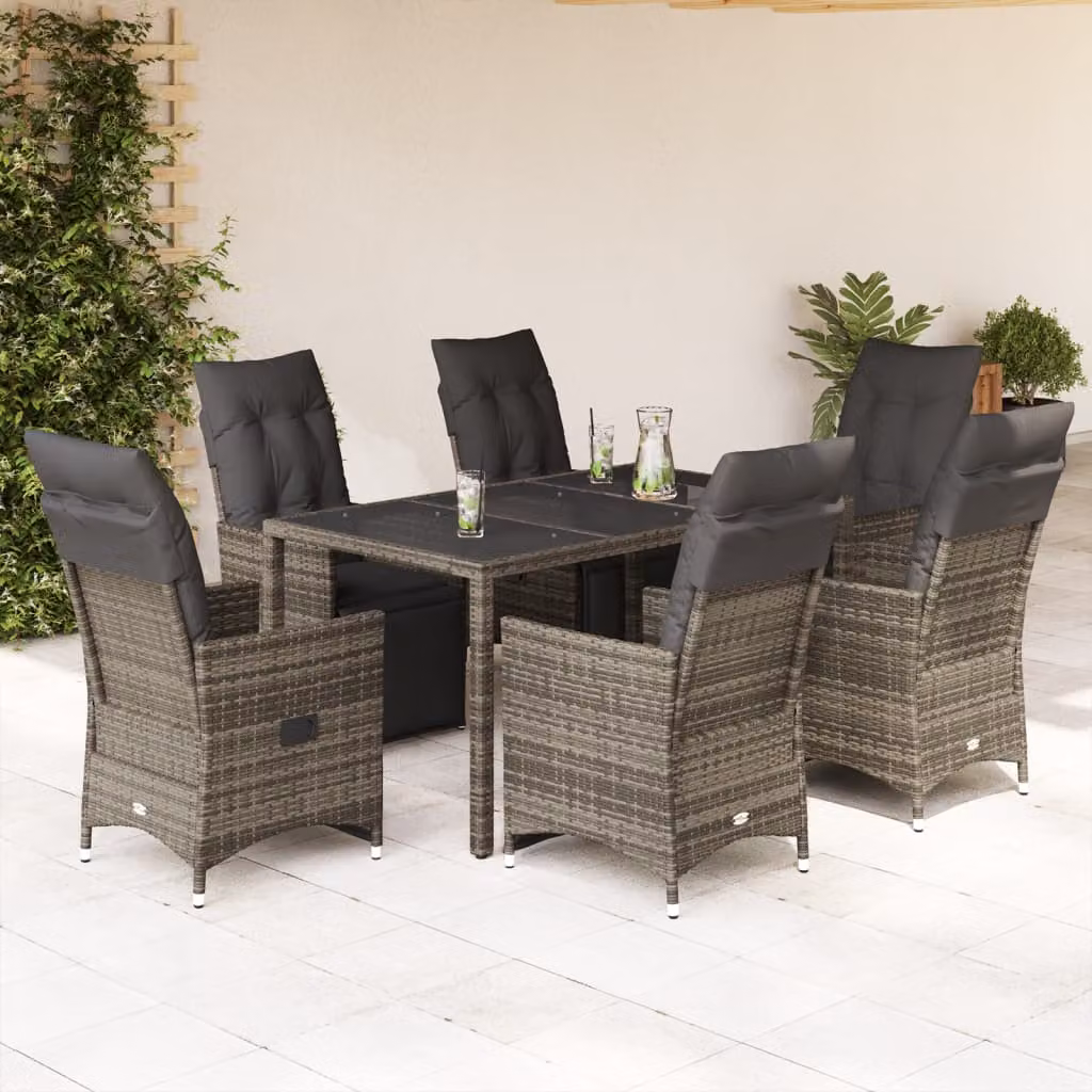 Set Bistrò da Giardino vidaXL 7 pz in Polyrattan Grigio con Cuscini e Piano in Vetro – 1