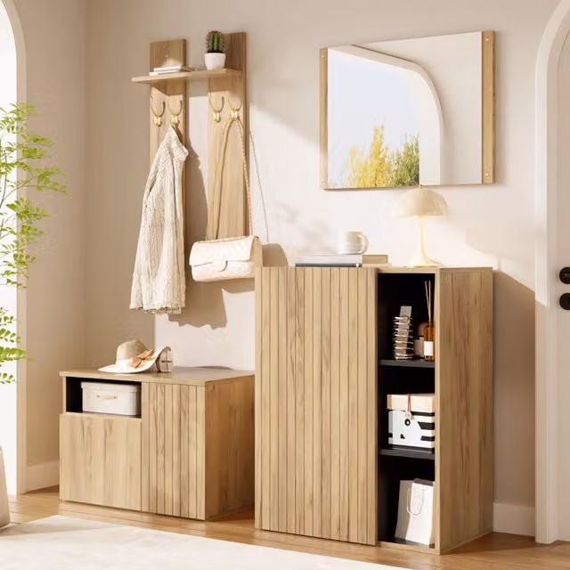 Set guardaroba 120x35x123 cm con specchio e ripiani regolabili in MDF e truciolare nero naturale