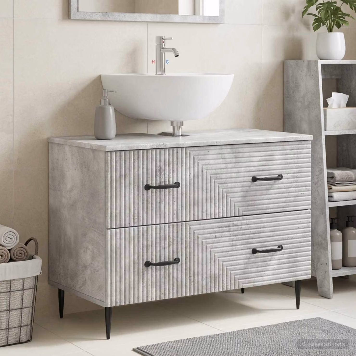 Armadio per lavabo da bagno vidaXL HAARLEM moderno con ante a battente e cassetti, Grigio Cemento e Nero, L: 82.0 cm, P: 58.5 cm, H: 41.0 cm