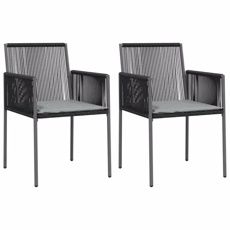 Set di 2 sedie da giardino vidaXL in polyrattan con cuscini, colore nero e grigio, con braccioli, L 54 cm x P 60,5 cm x H 83,5 cm