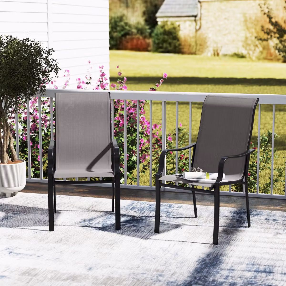 Set di 2 sedie da pranzo Costway per giardino e terrazzo in metallo e tessuto textilene, colore grigio