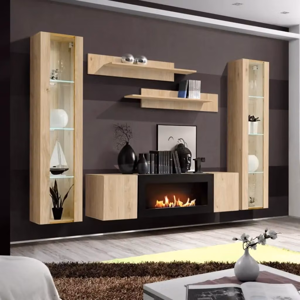 Composizione murale FLY Meublorama in Rovere chiaro con vetrine, scaffali, mobile TV e camino bio-etanolo L/P/H: 260 x 40 x 170 cm – 2