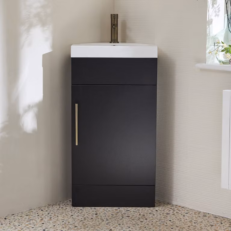 Mobile Bagno a Terra Angolare Grigio Nero da 450mm con Lavabo e Maniglia con Barra a T in Ottone Spazzolato - Cluo