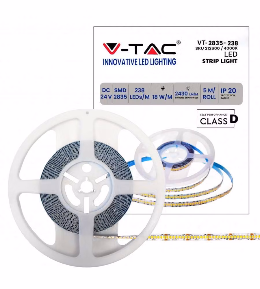 Strip LED SMD2835 18W/m 5m 238 LED/m 135LM/W 24V 4000K IP20 10mm