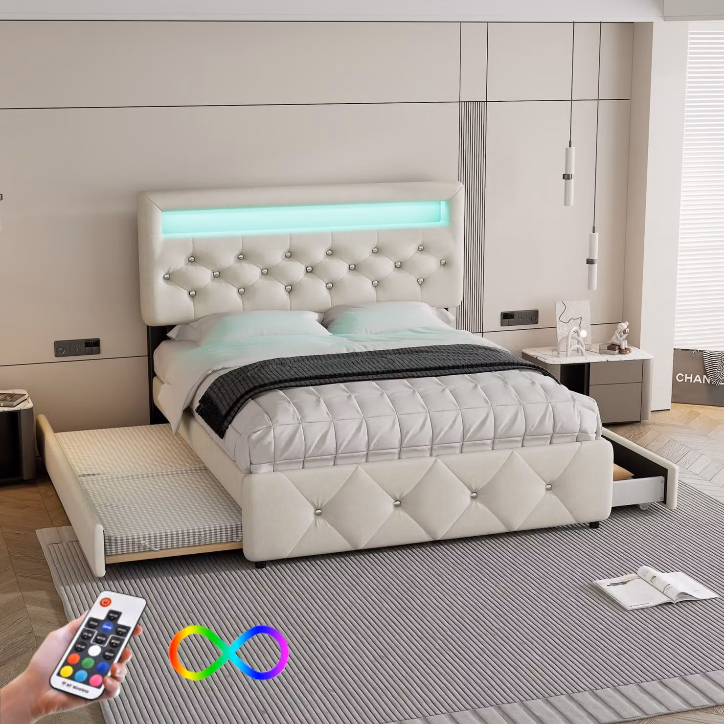 Letto imbottito Fortuna Lai 140x200cm+90x200cm allungabile, letto matrimoniale a piattaforma con 2 cassetti, tavolino con striscia luminosa, beige