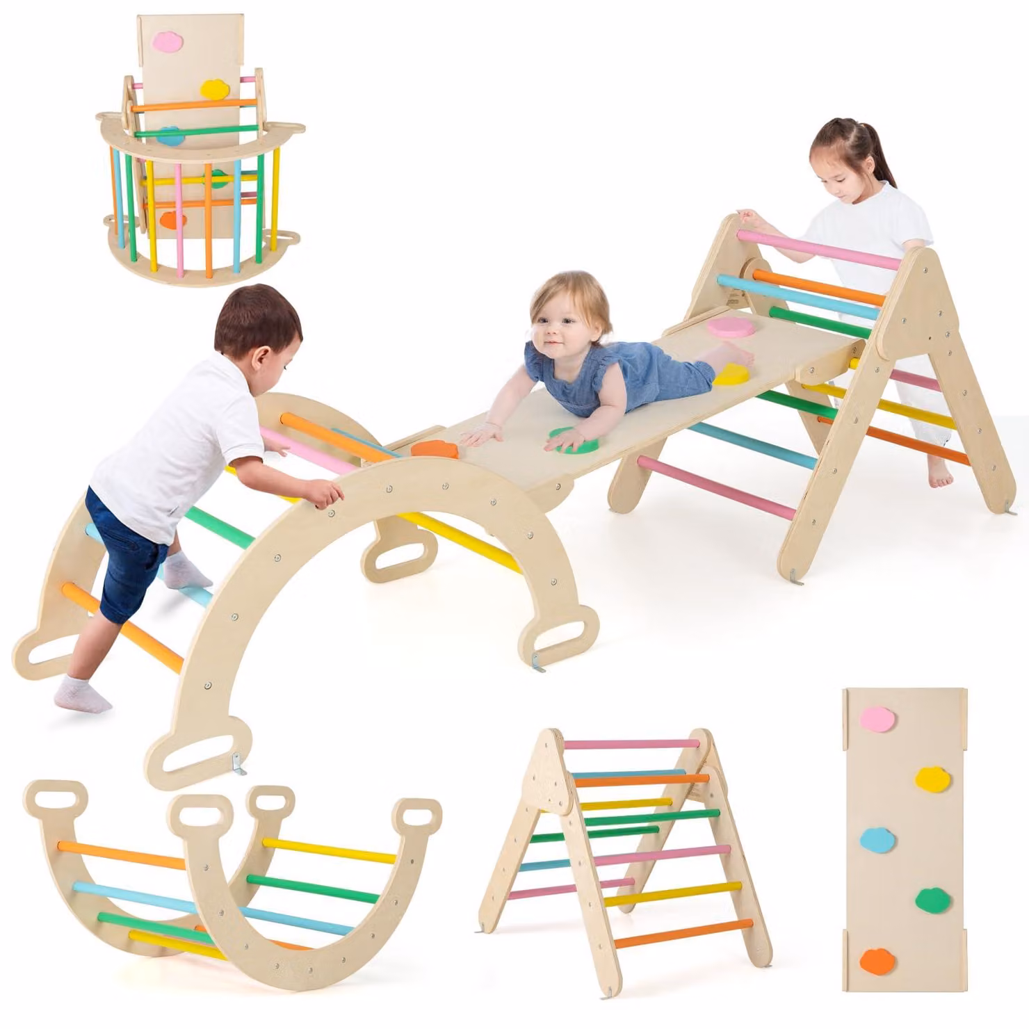COSTWAY 4 in 1 triangolo per arrampicata & arco per arrampicata & scala & scivolo, struttura per arrampicata con rampa bifacciale, triangolo a pioli per arrampicarsi, scivolare e oscillare, per bambini da 1 anno (colorato)