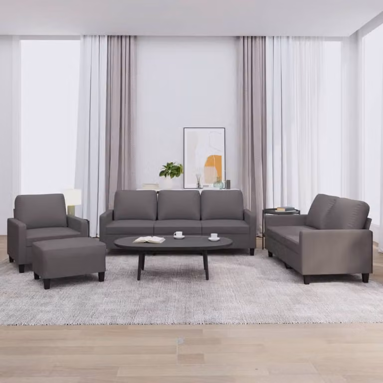 Set di divani vidaXL da 4 pezzi in similpelle grigia con cuscini, composto da divano a 3 posti, divano a 2 posti e pouf per soggiorno moderno