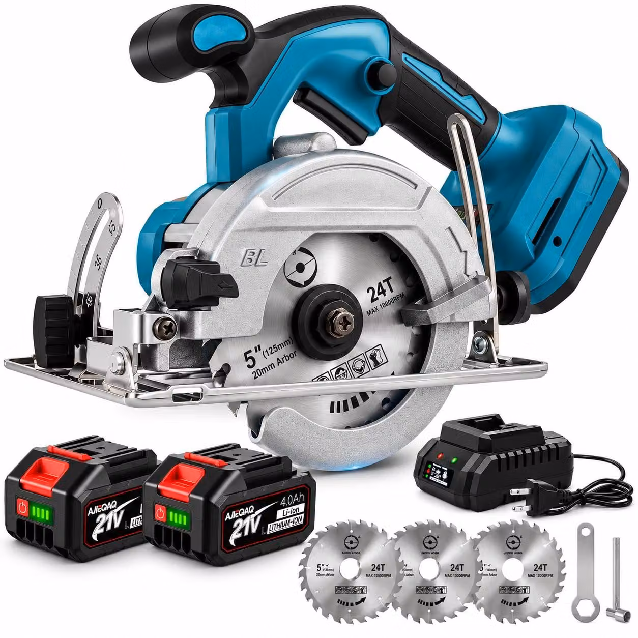 Sega Circolare a Batteria 21V 2000W Brushless, 125mm, 2×4,0Ah, 10800 giri/min, Taglio 45mm, 0–45°, 3 Lame
