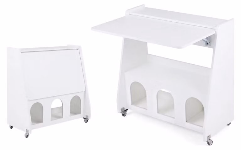 KOMFOTTEU Scrivania con rotelle, scrivania per computer con piano ribaltabile, 2 ripiani e 2 scomparti, tavolino mobile per laptop con spazio contenitivo, scrivania in piedi per soggiorno, camera da letto e ufficio, 78,5 x 57,5 x 80 cm