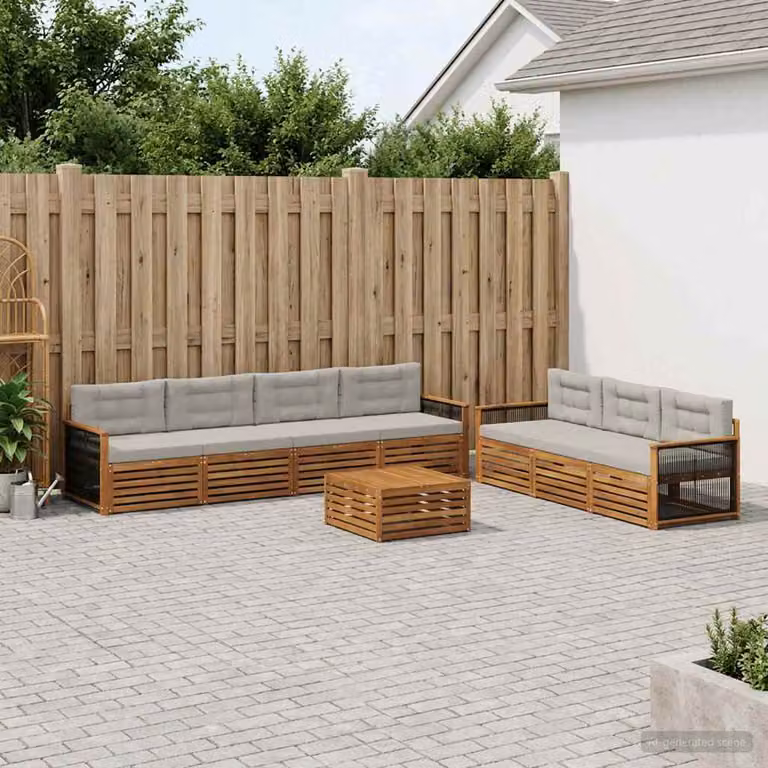 Set di divani da esterno vidaXL a forma di L in legno di acacia con tavolino e cuscini, 8 pezzi, Beige e Grigio