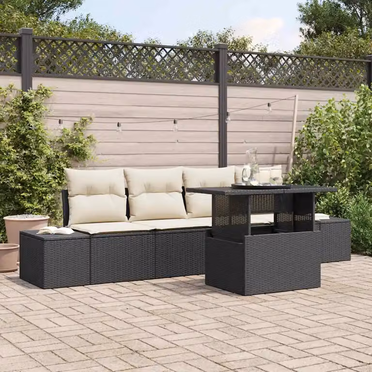 Set di divani da giardino vidaXL in rattan con cuscini nero e beige