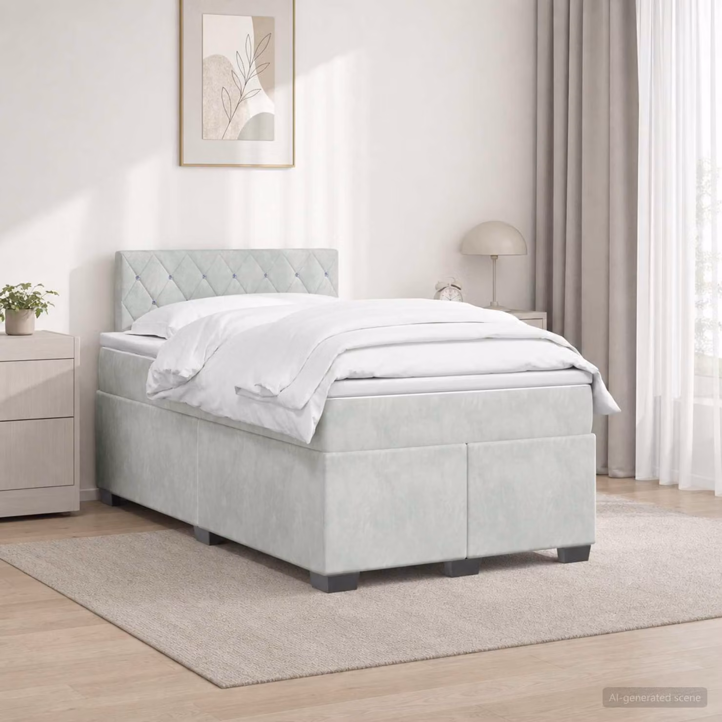 Letto a molle con materasso e illuminazione LED, colore grigio chiaro, 120 x 200 cm, rivestito in velluto