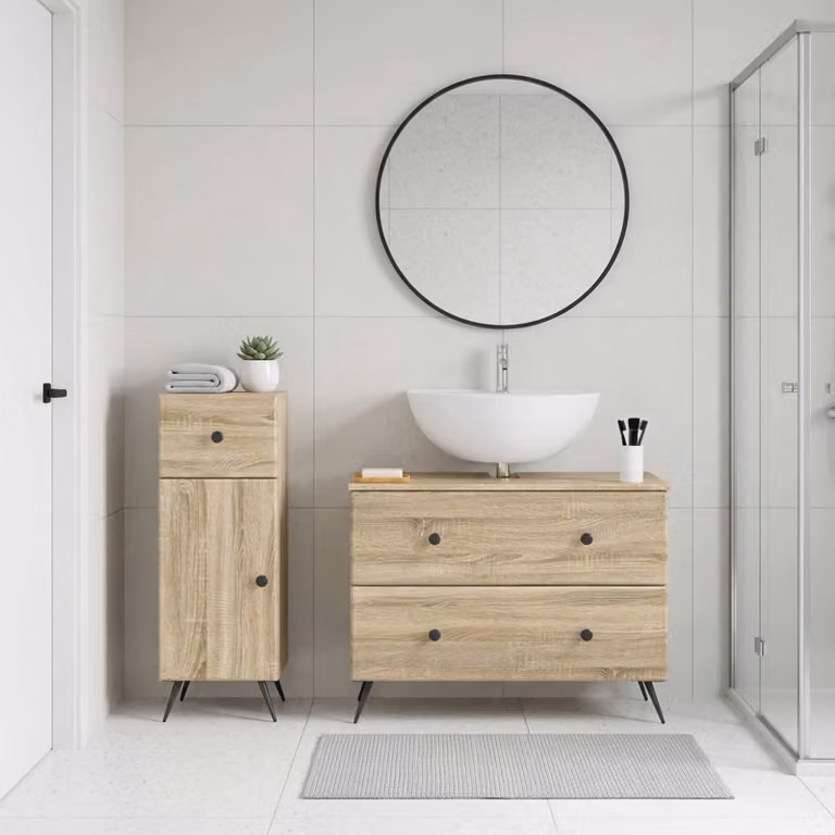 Set di 2 mobili da bagno moderni vidaXL BREDA in legno Rovere Sonoma marrone con ante a cerniera e ripiani interni, L/P/H: 82 x 34,55 x 59 cm e 41 x 59 x 82 cm