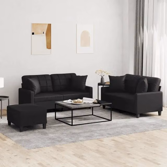 Set di divani moderno vidaXL in similpelle nero composto da divano a 3 posti, divano a 2 posti e pouf con cuscini inclusi – 1