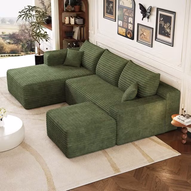 Divano angolare modulare 241x151x58 cm; divano effetto nuvola con seduta profonda; consegnato montato; velluto a coste; verde