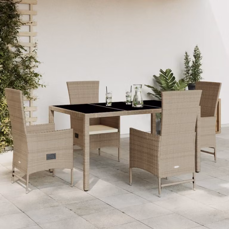 Set da Pranzo da Giardino vidaXL in Polyrattan con Cuscini Beige e Tavolo in Vetro per 5 Persone