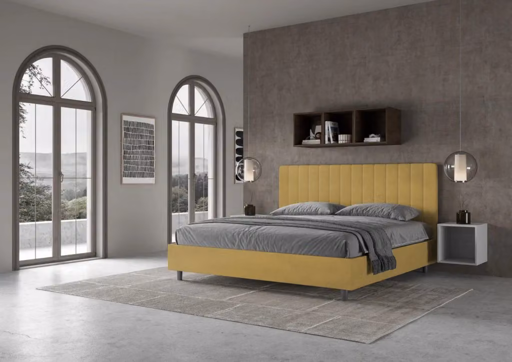 Letto matrimoniale king size con contenitore BS COM imbottito in microfibra colore ocra L: 190 cm, P: 210 cm – 2