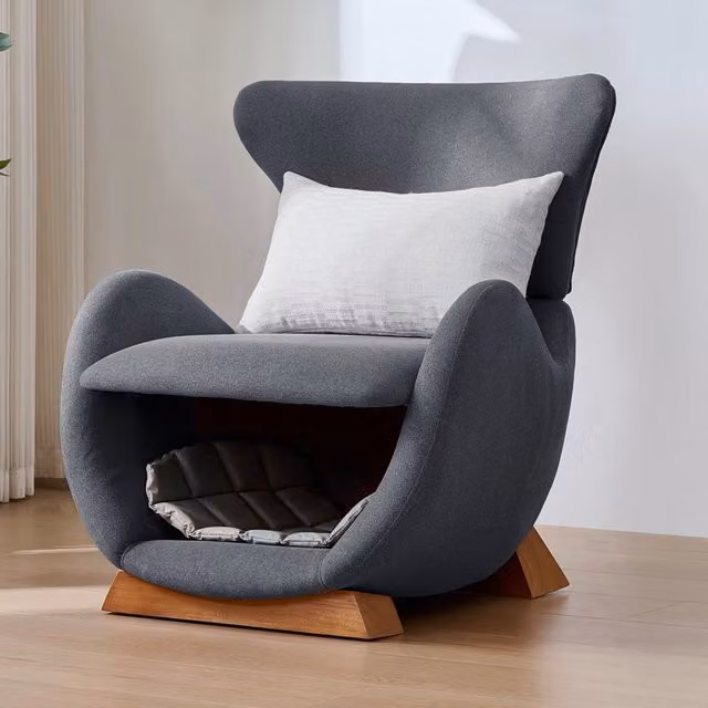 Poltrona Lounge Design Squalo Minimal in Tessuto Antigraffio Grigio con Struttura in Legno Solido