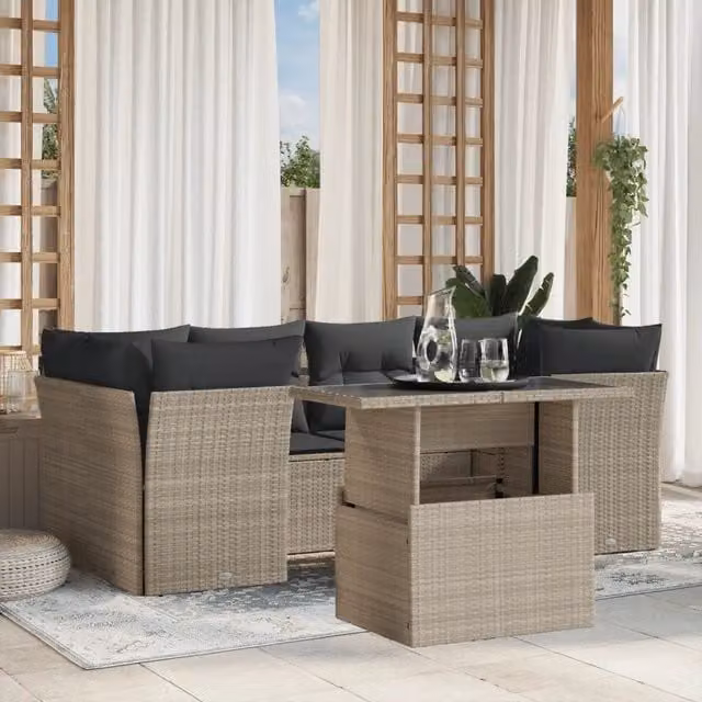 Set da giardino vidaXL in polyrattan 7 pezzi con cuscini grigio antracite e tavolino in vetro