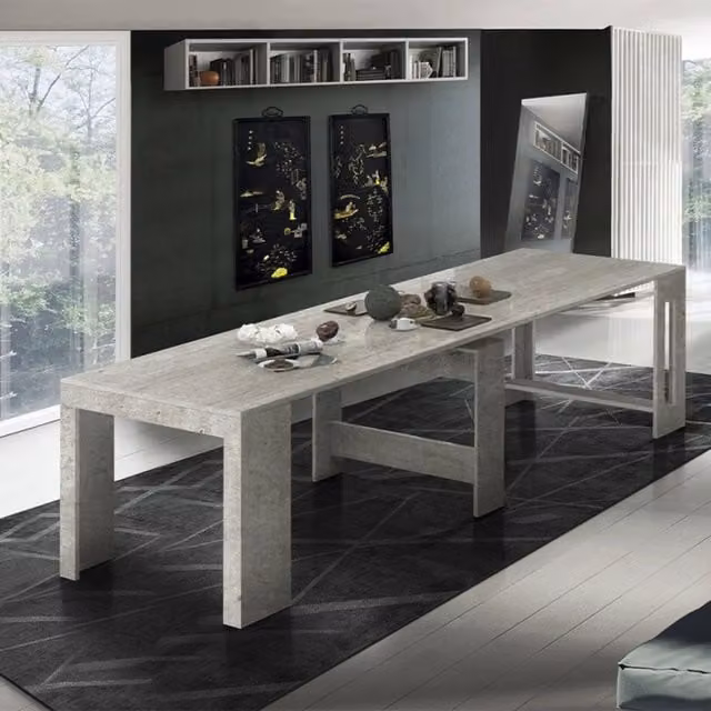 Tavolo da pranzo Anello, Made in Italy, Consolle allungabile fino a 12 posti, con portallunghe, cm 51/300x90h77 Cemento