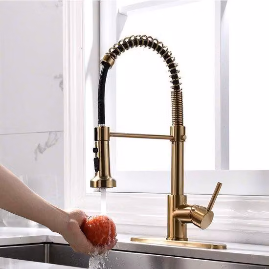 Miscelatore da cucina Ibenzoa® in finitura oro spazzolato – Miscelatore monocomando con soffione estraibile a 3 livelli, rotazione a 360°, sistema di collegamento rapido e 2 tubi flessibili per l'acqua