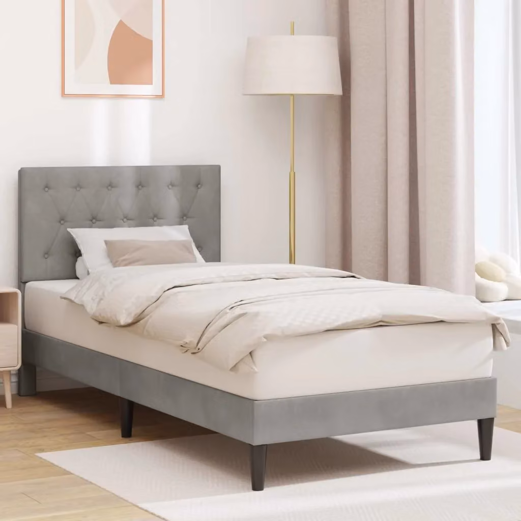 Letto singolo moderno DESIGN IN in velluto grigio con struttura in legno, L/P/H: 90 x 190 x 94 cm – 2