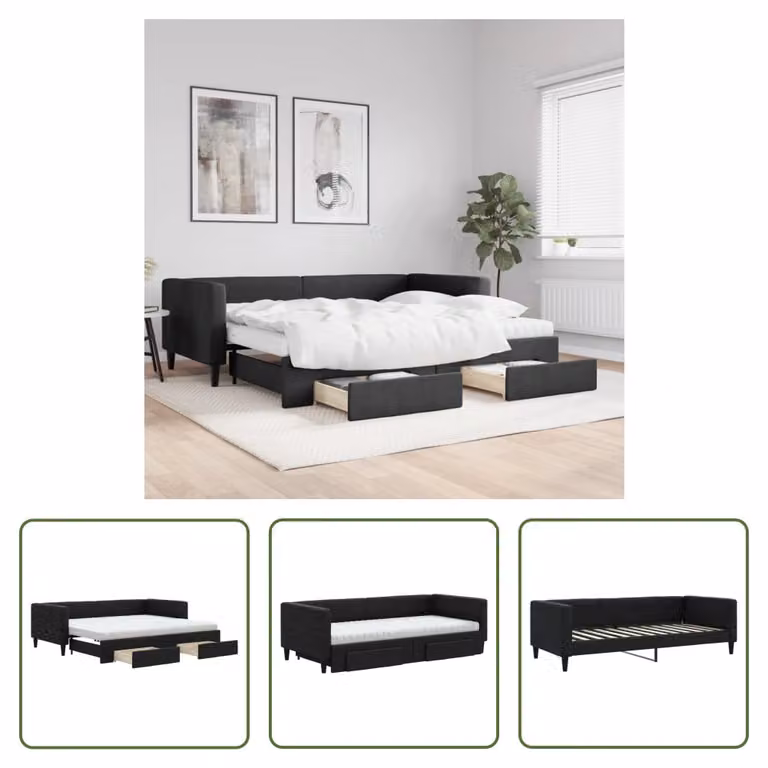 The Living Store Letto allungabile con cassetti nero 90x200 cm tessuto