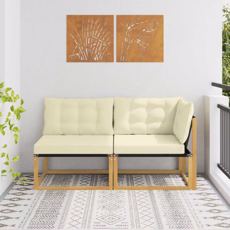 Set di divano da esterno a L vidaXL in legno di acacia massello con cuscini in tessuto textilene beige e bianco