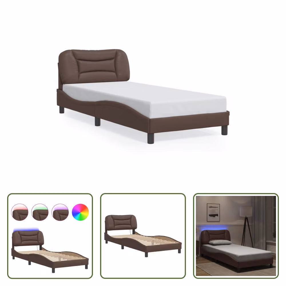 The Living Store Struttura letto con LED Marrone 80x200 cm in ecopelle
