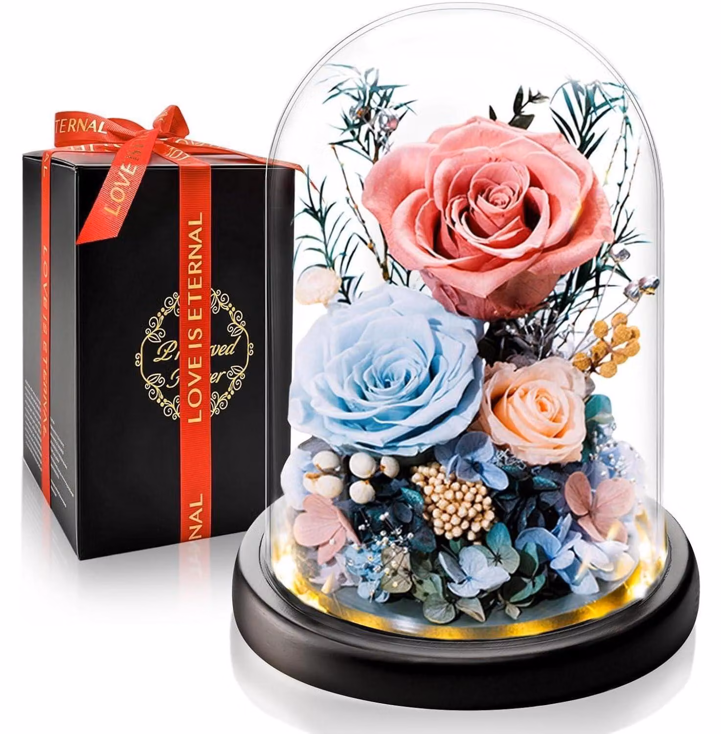 Rosa eterna in vaso con illuminazione a LED, rosa, regalo romantico per lei