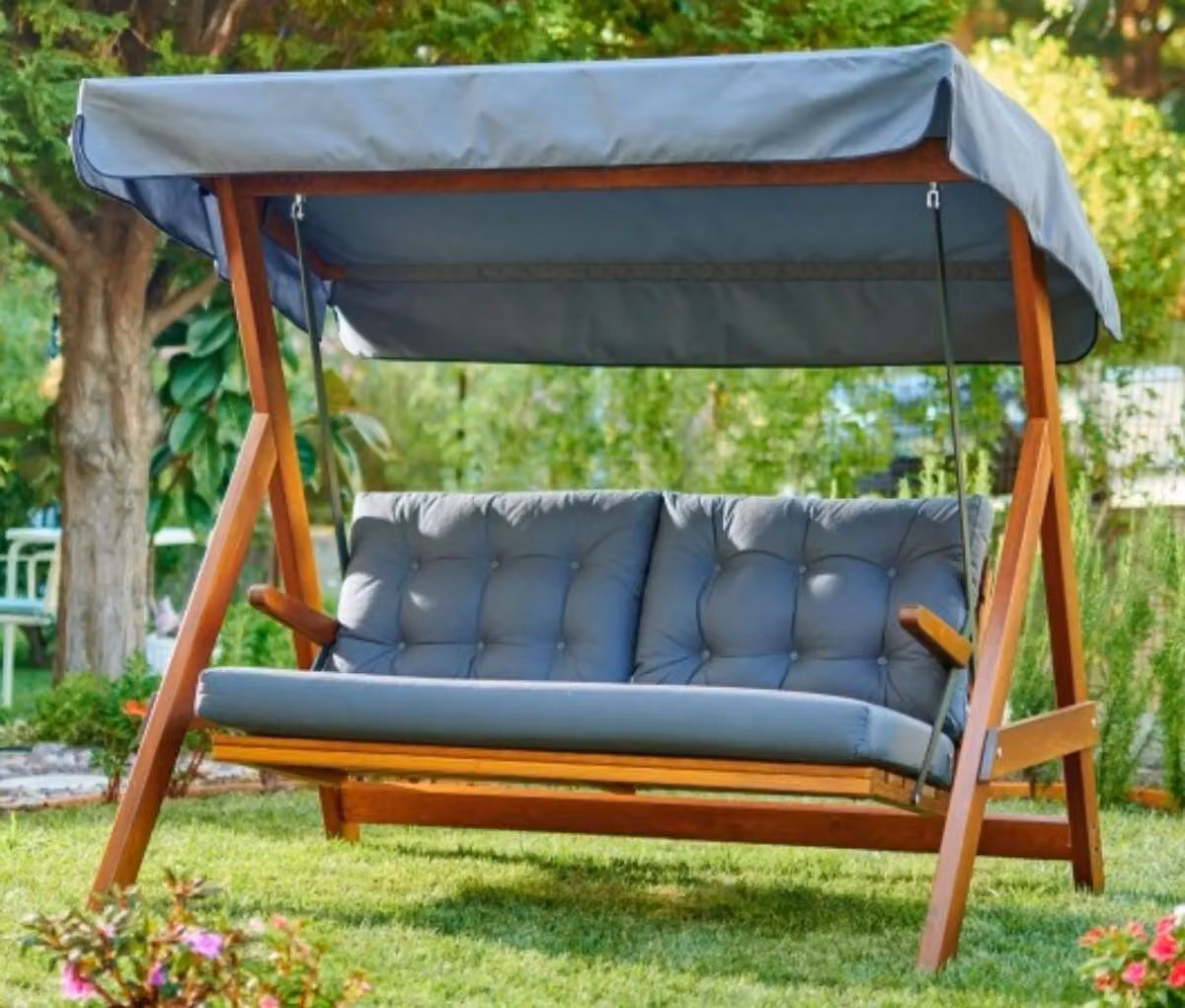 Casa Padrino Luxury Hollywood Swing Blu / Marrone - Altalena da giardino resistente alle intemperie con tettuccio - Mobili da giardino - Mobili - Arredo giardino