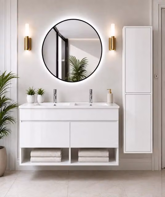 Mobile bagno sospeso con lavabo ORIGENBATH NEBARI con ante con colonna 120x45 cm doppio lavabo bianco con colonna